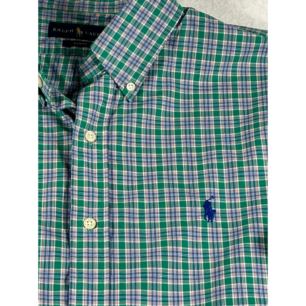 Ralph Lauren Slim Fit Plaid Button Down Shirt Mens Large Green Blue Multi Color - Picture 2 of 6